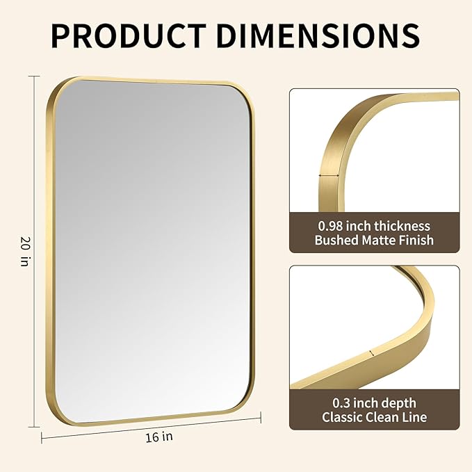 Gold Bathroom Mirror, 16x20 Inch Aluminum Frame Rectangle Mirror, Anti-Rust, Tempered Glass, Wall Mirror for Over Sink, Vanity, Bedroom, Entryway, Horizontal/Vertical