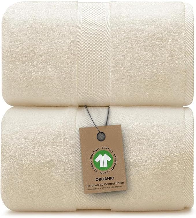 100% Organic Luxury Bath Sheets - GOTS Certified - Extra Large 35x70 Inches (Pack of 2) Zero-Twist, Long-Staple Cotton Bath Sheet Set (Papyrus)