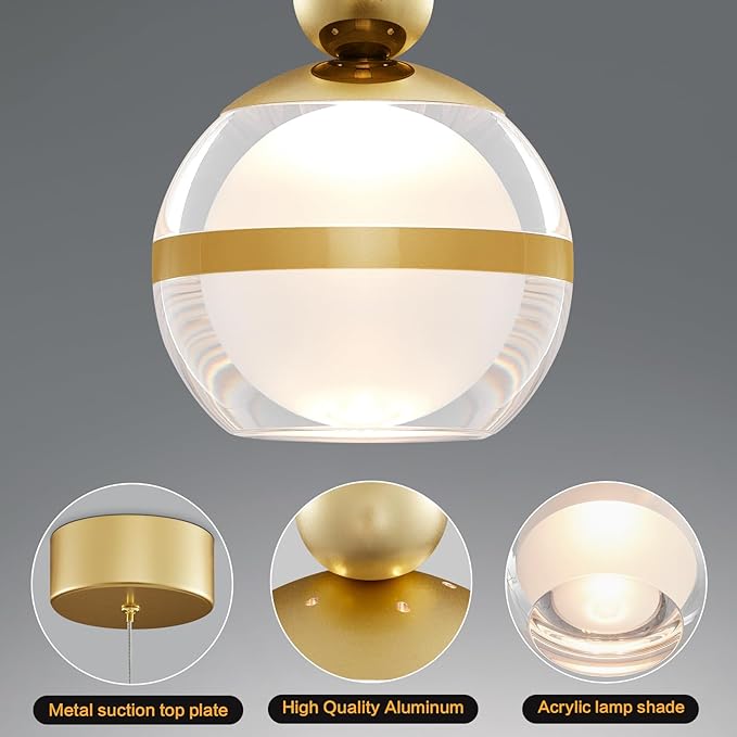 Gold Pendant Lights Kitchen Island Modern LED Ceiling Hanging Pendant Lights Acrylic Globe Pendant Light Fixtures for Dining Room Bedroom Living Room 1-Light