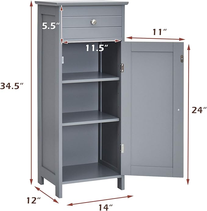 GLACER Floor Storage Cabinet, Multifunctional Bathroom Storage Cabinet with 2 Adjustable Shelves, Ideal for Bathroom, Living Room, 14 x 12 x 34.5 inches (Grey)