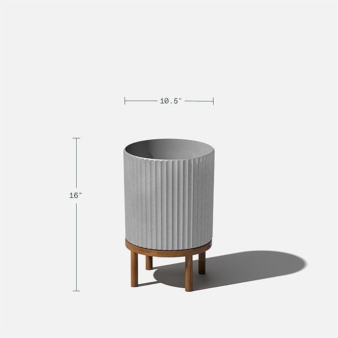 Veradek Demi Series Round Planter w/Stand for Porch/Patio | Durable Plastic-Stone Composite & Wooden Stand | Modern Décor for Tall Plants, Flowers