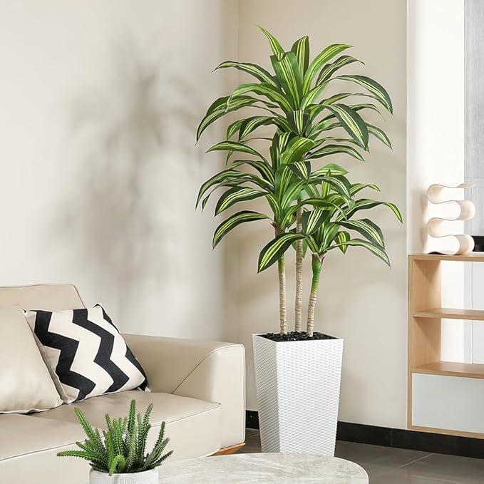 Artificial Dracaena Tree, 6FT UV Resistant Fake Plants with White Taper Planter, Lifelike Tall Artificial Floor Plants for Indoor & Outdoor, Faux Tree for Home Courtyard Decor