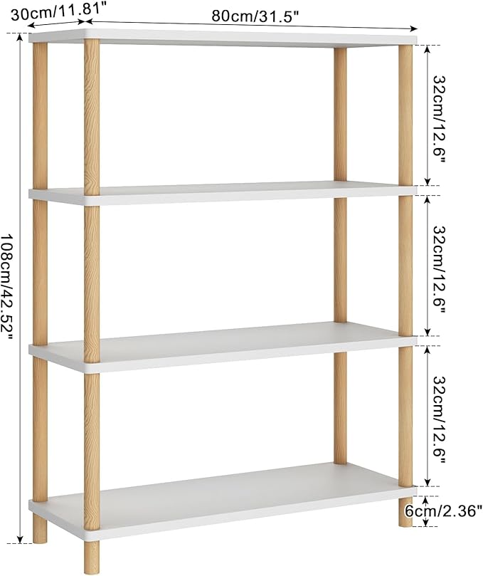 IBUYKE 4-Tier Wooden Open Bookcase - Modern Freestanding Bookshelf Storage Organizer,Standing Shelf Units,Multifunctional Display Stand for Bedroom, Living Room and Home Office, White WBC004W