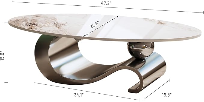 49.2" Oval Marble Coffee Table with Geometric Stainless Steel Base, Modern Sintered Stone Coffee Tables for Living Room, Luxury White Silver Cocktail Center Table Living Room Furniture for Home Decor