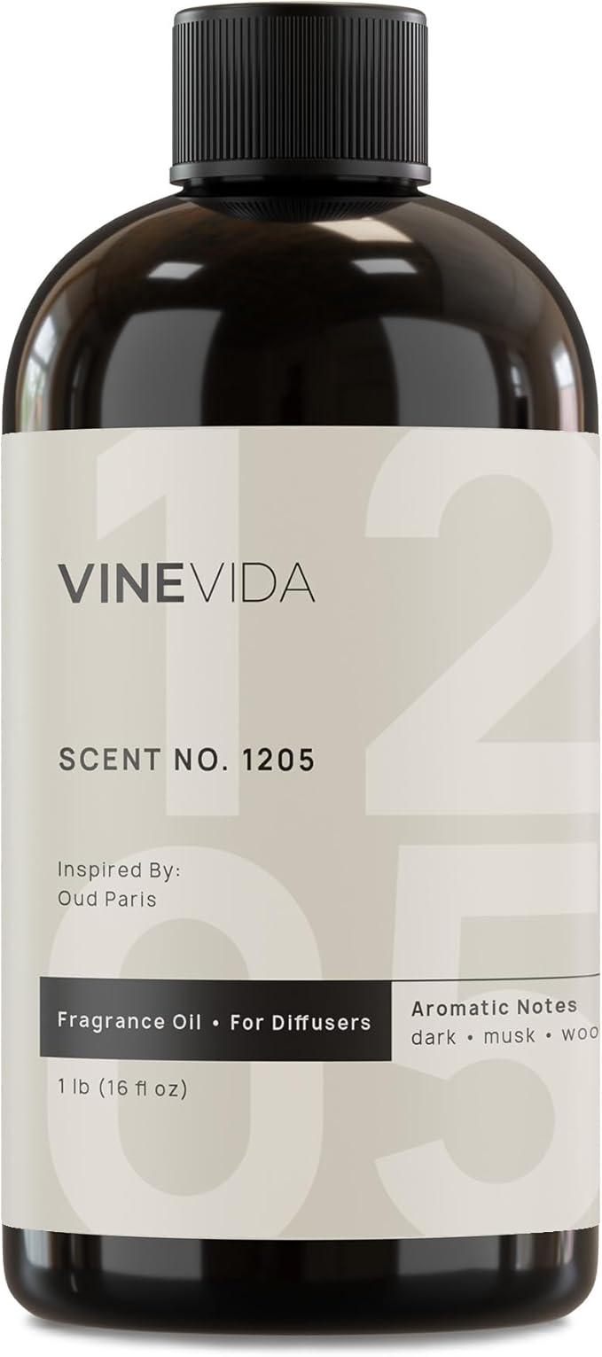 VINEVIDA [16 Fl Oz] Scent NO. 1205 Fragrance Oil for Cold Air Diffusers, Aromatic Notes of Dark Musk Oud Wood, Essential Oils for Diffuser Oil Refill & Air Freshener Room Spray