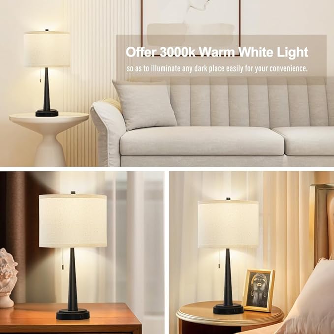 GyroVu Table Lamp Set of 2, Beside Lamps with USB-C+A Nightstand Lamp with Pull Chain Swtich Modern Led Table Lamp for Living Room, Bedroom & Office-9W Led Bulbs Included(Matte Black)