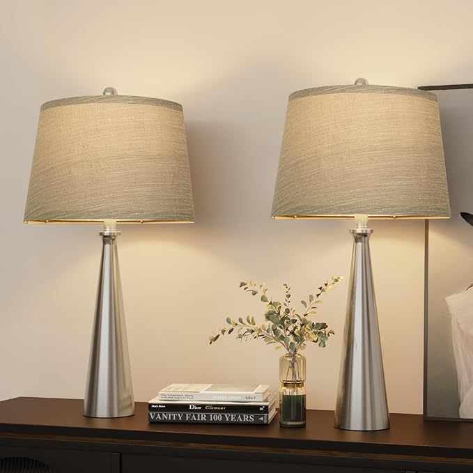 Oneach 25.75" Modern Table Lamp Set of 2, Bedside Lamps with USB Ports, Silver Nightstand Lamps Set for Living Room Bedroom House Bedside Home Office Family