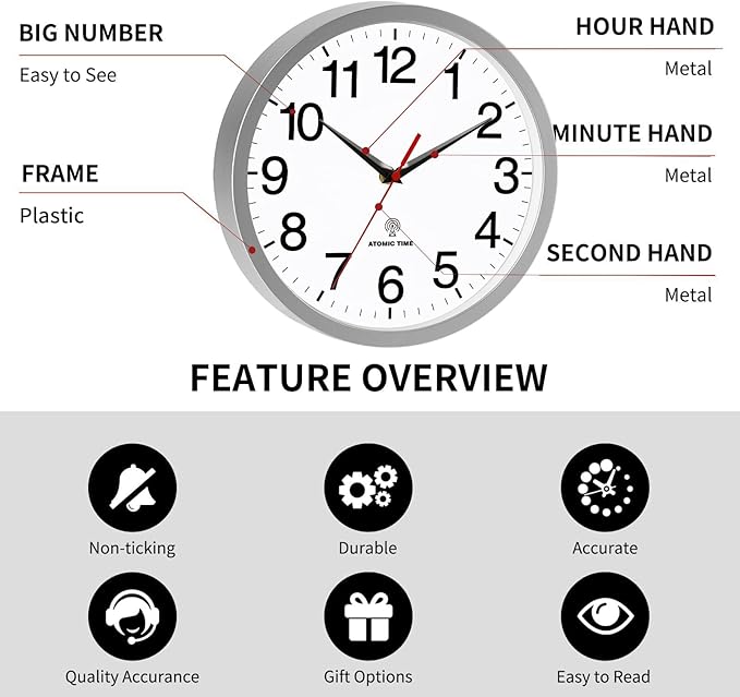 Atomic Wall Clock Modern 10 Inch Battery Operated Silent Non Ticking Analog Clock Decorative for Bedroom Kitchen Bathroom Office Home Living Room (Silver)