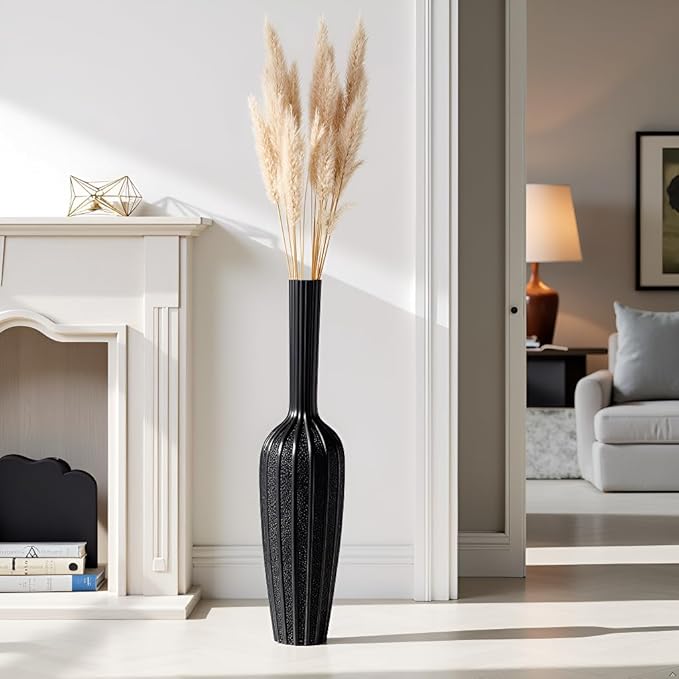 Modern Black Floor Vase - 23.62 Inches Tall Decorative Vase for Dried Flowers, Home Decor Accent, Resin Tall Floor Vase
