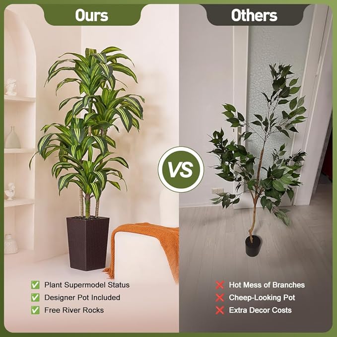 Artificial Dracaena Tree 6FT - UV Resistant Faux Tree with Large Taper Planter & Pebbles - Tall Fake Plants Indoor & Outdoor, Potted Floor Plant for Home Living Room Porch Decor, VN127