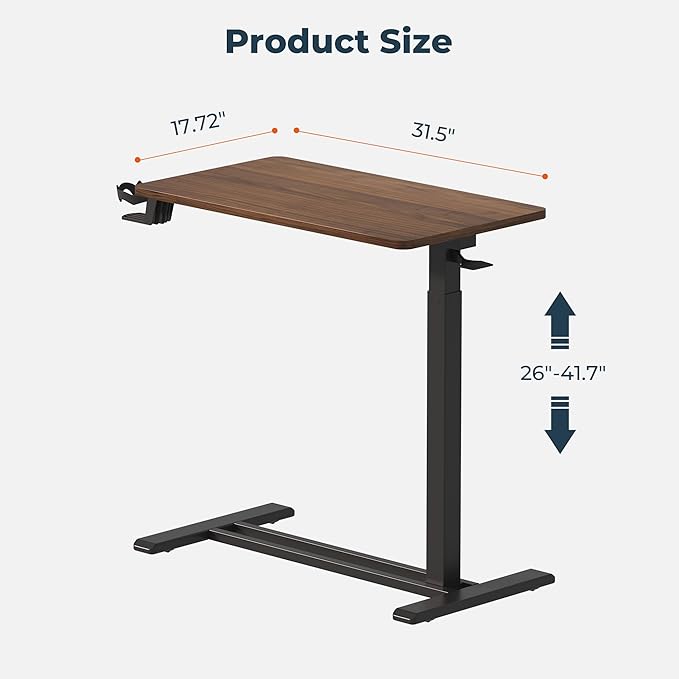 Medical Overbed Adjustable Bedside Table with Hidden Casters, Pneumatic Mobile Rolling Laptop Standing Desk with Tray for Home and Hospital Use, Mahogany, Large