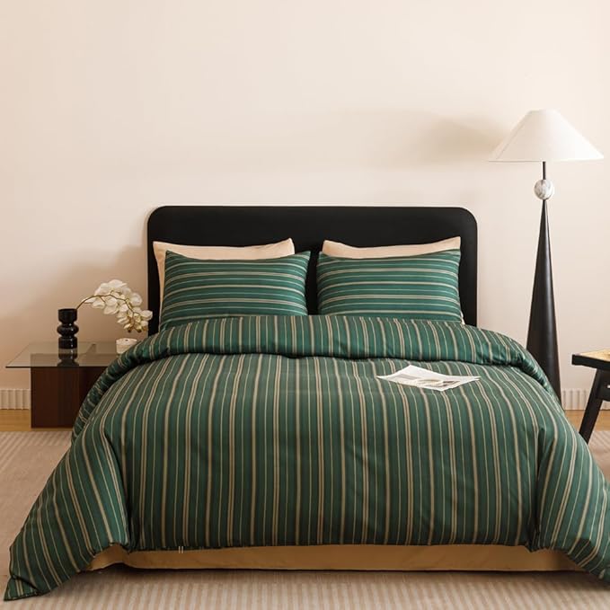 CLOTHKNOW Green Striped Full Comforter Set 3Pcs Green Khaki Black Bedding Comforter Sets Ticking Farmhouse Comforter Full Hunter Green Comforter Soft Boho