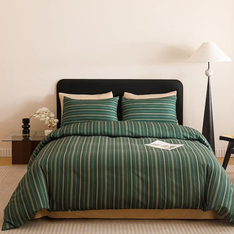 CLOTHKNOW Green Striped Twin/Twin XL Comforter Set 3Pcs Green Khaki Black Bedding Comforter Sets Ticking Farmhouse Comforter with 2 x Pillow Cases