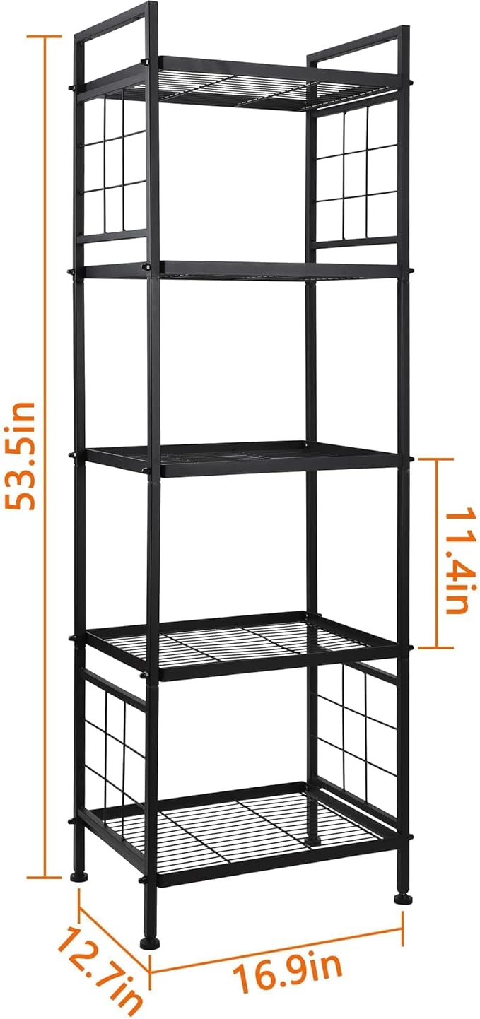 GIOTORENT 5-Wire Standing Book Shelf & Bookcase, Metal Storage Shelving Unit Pantry Rack for Laundry Kitchen Bathroom Organizer, Black