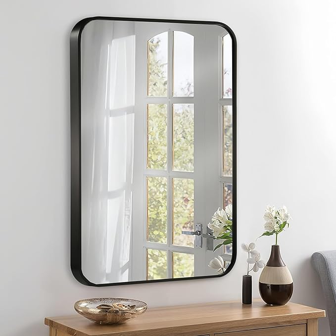 20x28 Inch Black Wall Mirror for Bathroom, Brushed Metal Framed Mirror with Rounded Corner, Rectangle Bathroom Vanity Mirror for Bedroom or Living Room, Horizontal/Vertical