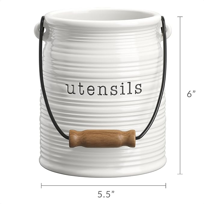 Barnyard Designs Ceramic Farmhouse Kitchen Utensil Holder for Countertop, Decorative Kitchen Utensil Crock for Counter, Spatula Holder, 6" White