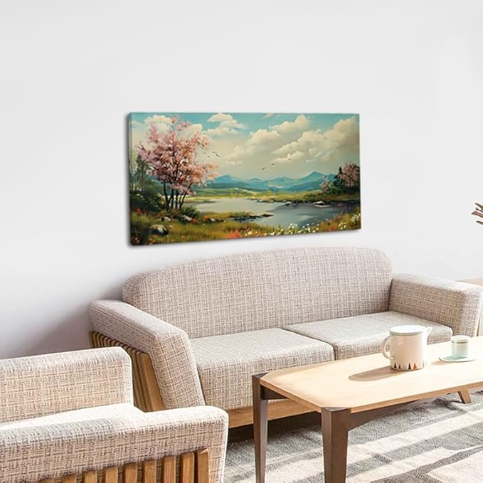 Green Grass and Pink Tree By Riverbank Wall Art Decor Artwork for Bedroom (30x60 Inches)