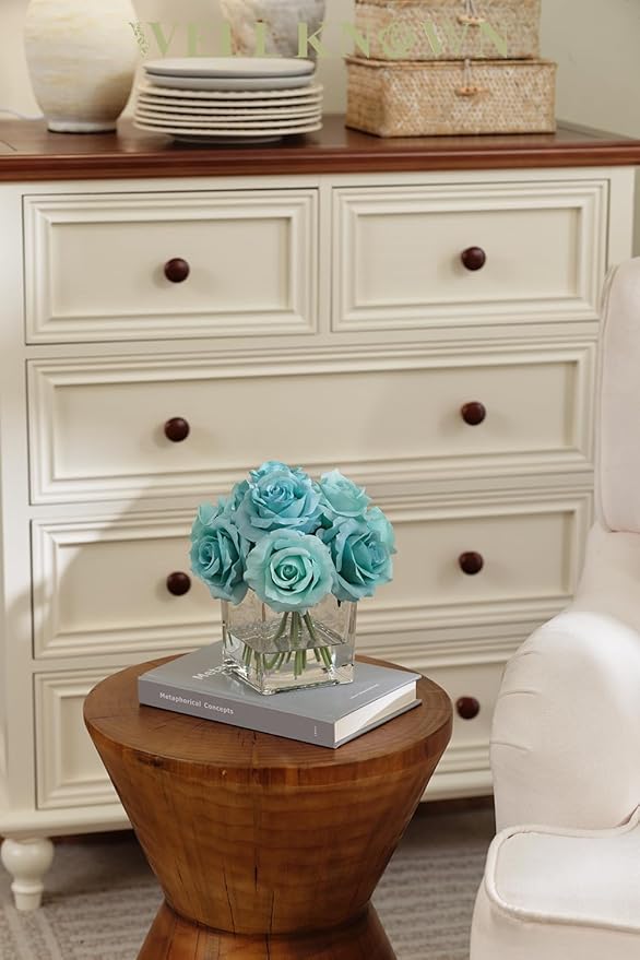 WELL KNOWN Rose Artificial Flowers in Vase with Faux Water, Silk Rose Table Centerpieces for Home Coffee Table Decor, Fake Roses Flower Arrangements for Office Hotel Lavatory Decor (Light Teal Blue)