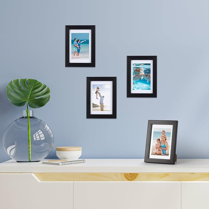 Giftgarden 4x6 Picture Frame Set of 4, Matted to 3.5x5 Pictures with Mats or 4x6 Photos Without Mat, Wall or Tabletop Display, Black