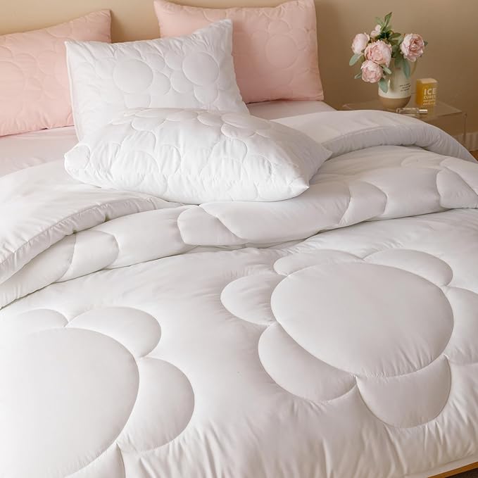 Luxlovery White Sunflower Comforter Set Queen Plain White Boho Farmhouse Quilts Floral Bedding Comforter Set Soft Breathable Elegant Bohemian Comforter Queen Size
