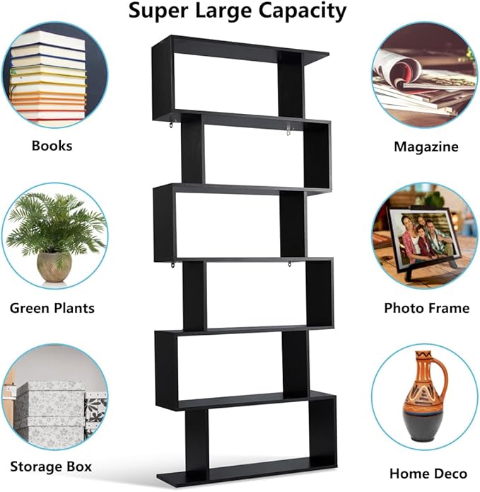 Tangkula 6-Tier Geometric Bookcase, Modern S-Shaped Storage Display Bookshelf for Living Room, Anti-Toppling Device, Home Office Wooden 6 Shelf Open Bookcase (1, Black)