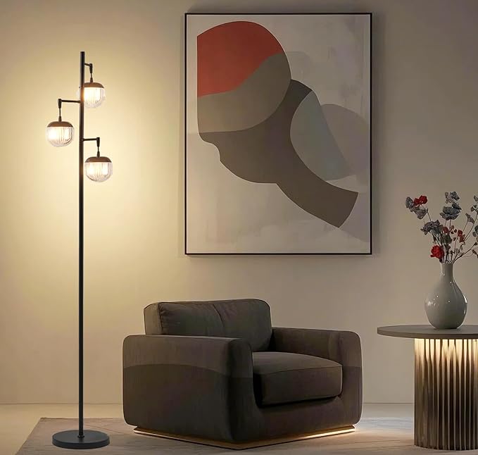 Fiqevs Mid Century Modern Floor Lamp with LED Bulbs, 3 Globe Standing Lamp with 3 Ribbed Clear Orb Shades, Black Tall Lamp for Living Room Bedroom Office