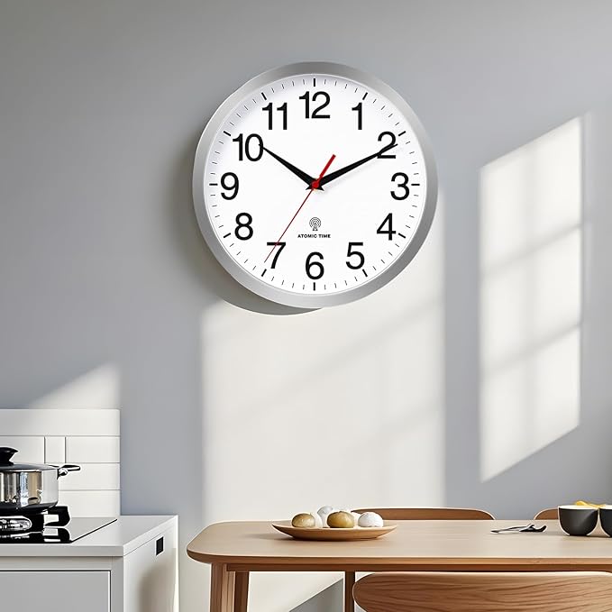Atomic Wall Clock Modern 10 Inch Battery Operated Silent Non Ticking Analog Clock Decorative for Bedroom Kitchen Bathroom Office Home Living Room (Silver)