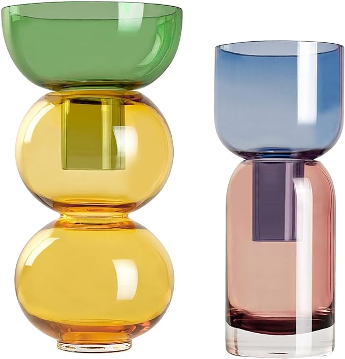 Cloudnola Reversible Glass Flower Vase and Bud Vase Lemon Set of 2, Green & Yellow and Blue & Pink, Ideal Gift Set, for Home, Wedding, and Event Décor (Lemon)