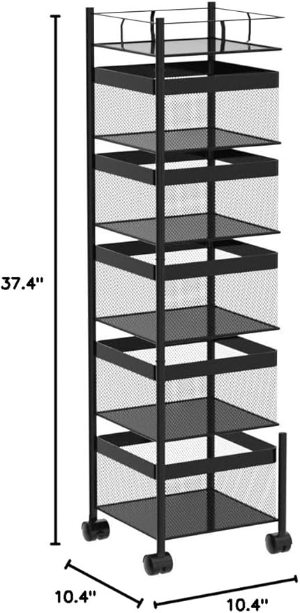 Fruit and Vegetable Basket for Kitchen No Assembly， Rotating Storage Rack,Bathroom Storage Shelf, Kitchen Organizers and Storage Cart on Rolling Wheels(Black, 5 Tier-Square)