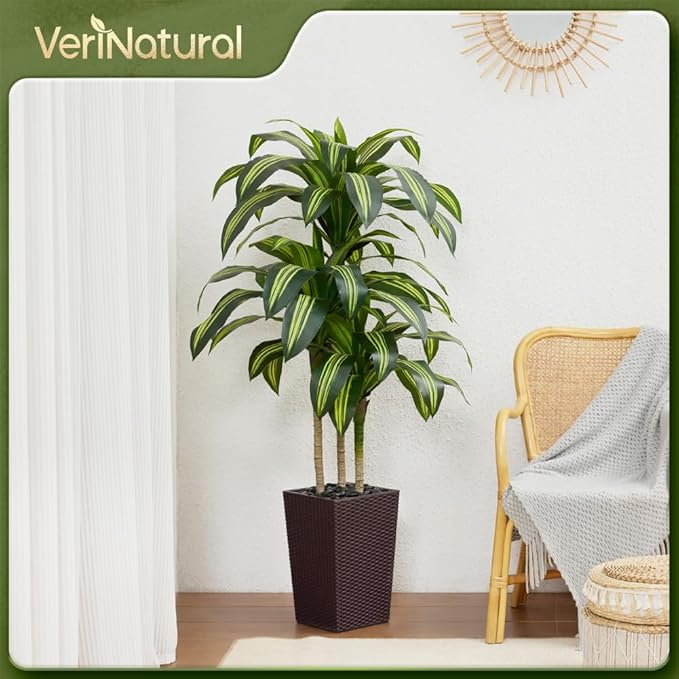 Artificial Dracaena Tree 5FT - UV Resistant Faux Tree with Large Taper Planter & Pebbles - Tall Fake Plants Indoor & Outdoor, Potted Floor Plant for Home Living Room Porch Decor, VN127
