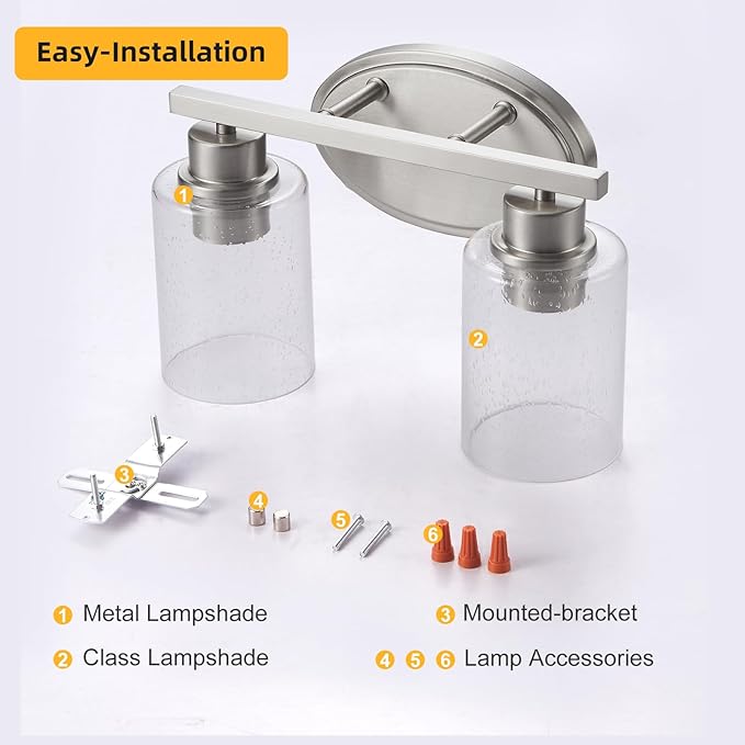 Bathroom Vanity Light Fixtures Over Mirror, Seeded Glass Bathroom Vanity Light, 2 Light Brushed Nickel Bathroom Light Fixtures with Clear Glass, Modern Rustproof Vanity Light Wall Mount