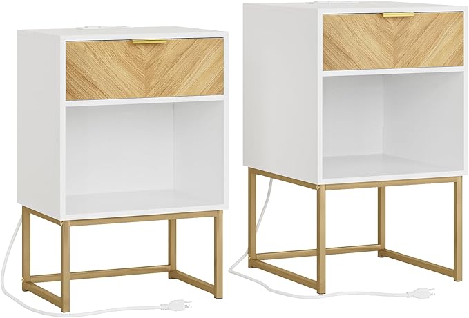 Masupu Extra Large Nightstand with Charging Station,Boho Night Stand Modern Farmhouse Wood Bedside Table with Storage Drawer and Open Shelf,Side End Table for Bedroom,Living Room,Office White