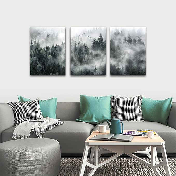 DZRWUBHS Large Wall Decor Living Room Canvas Wall Art For Bedroom Modern Wall Pictures Prints Artworks Office Decoration Foggy Forest Scenery Wall Painting Ready To Hang Room Home Decor 3 Pieces