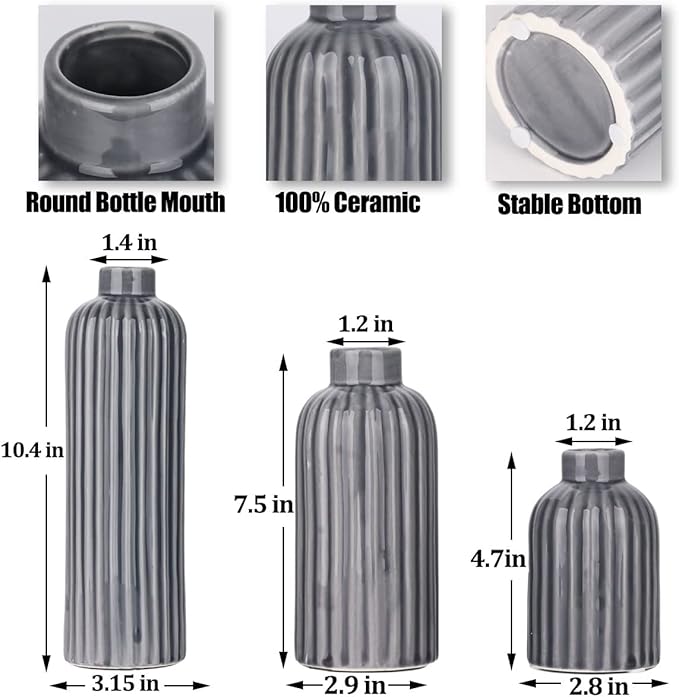 Gray Ribbed Ceramic Vase Set, 3 Gray Small Vase, 3 Piece Set of Glazed Decorative Grey Vases, Living Room, Table, Fireplace Mantel, Kitchen, Bathroom, Mantle Farmhouse Decor Small Vase