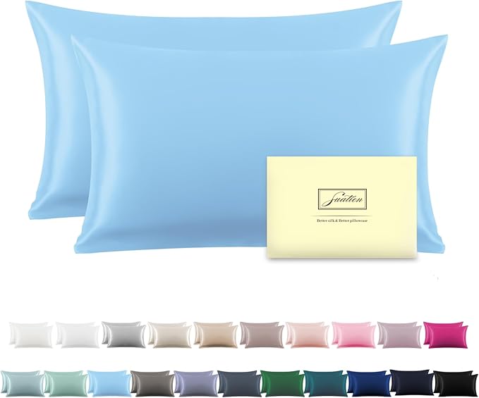 Silk Pillow Cases 2 Pack Soft Breathable and Sliky King Size Pillow Cases Set of 2,Natural Mulberry Satin Silk Pillowcase with Hidden Zipper for Hair and Skin (Sky Blue,20"X 36",2pcs)