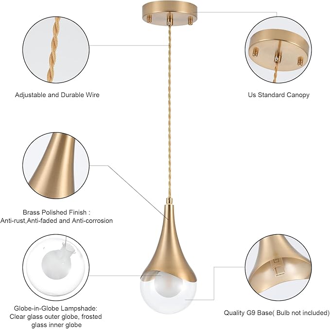 MWZ Gold Pendant Lights Kitchen Island 3 Pack, Modern Brass Raindrop Pendant Light Fixture Over Table with Clear Glass Globe Shade,Mini Teardrop Chandelier,Adjustable Cord Hanging Lighting for Sink