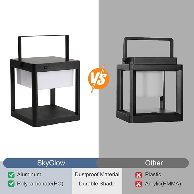 SkyGlow Solar Outdoor Table Lamp, Aluminum IP55 Waterproof LED Lantern Cordless Nightstand Lantern Lights Decorative for Outside Patio Walking Reading Camping