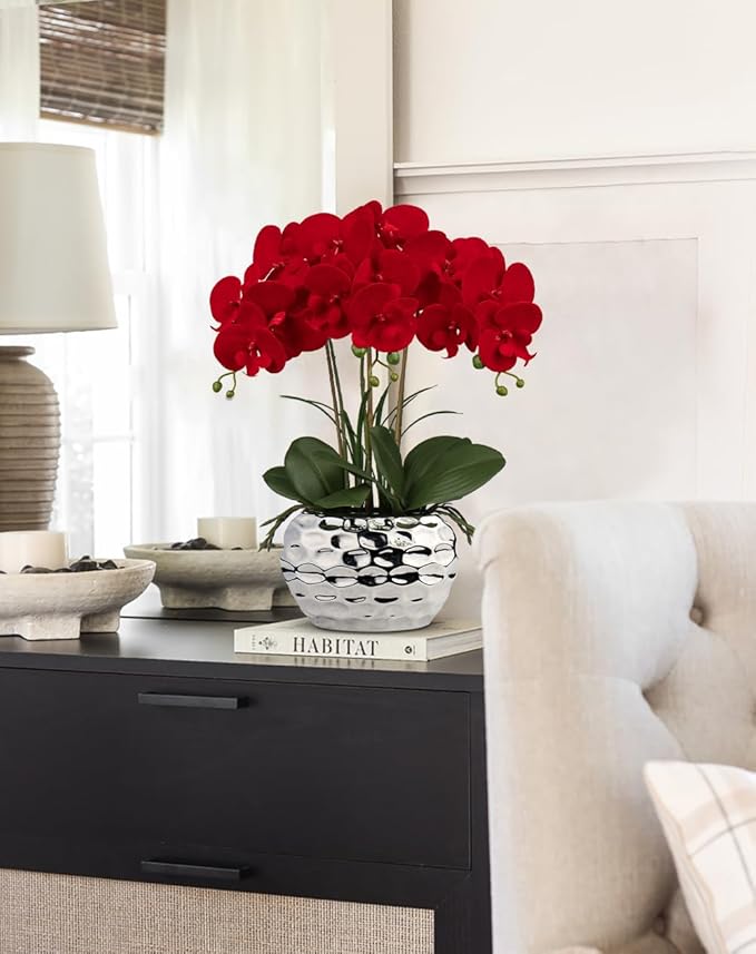 Briful Red Orchid Artificial Flowers 18" Large Silk Orchid with Silver Ceramic Pots Fake Orchid Arrangement for Home Office Bathroom Living Room Table Decoration