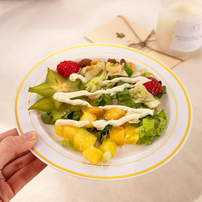 bUCLA 100Pieces Gold Plastic Plates-7.5inch White and Gold Disposable Salad/Dessert Plates - Ideal for Weddings, Party