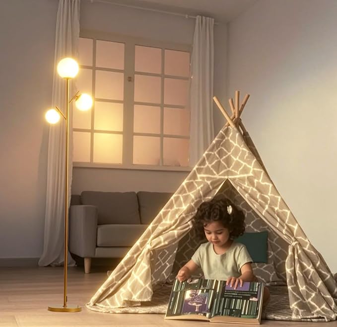 Fiqevs 3 Globe Mid Century Floor Lamp, Vintage Standing Lamp with 3 LED Bulbs & Sphere Frosted Glass Shades, Modern Gold Tree Floor Lamp for Living Room, Bedroom, Office