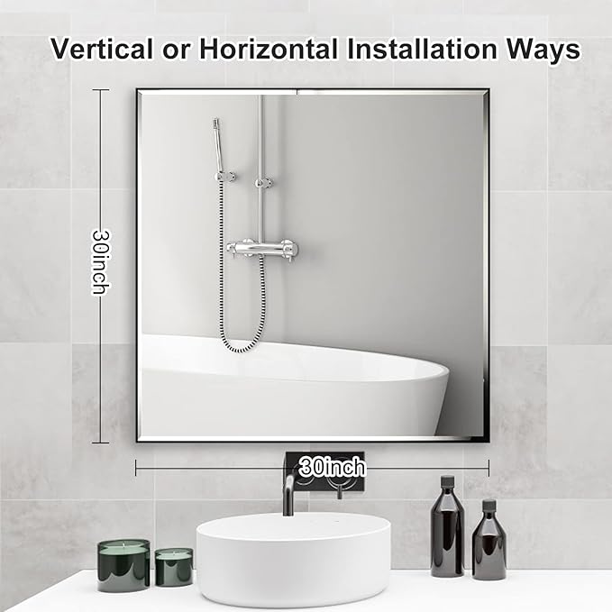 30x30 Inch Black Mirror with Beveled Trim, Aluminum Frame Bathroom Vanity Mirror, Copper-Free Mirror, Rectangle Wall Mounted Mirror, Modern Rectangular Mirror Horizontal or Vertical