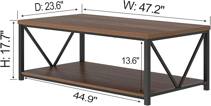 FOLUBAN Modern Coffee Table, Wood and Metal Center Table with Storage, Industrial Cocktail Table for Living Room, Rustic Walnut, 47 Inch