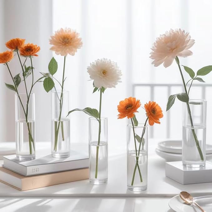 10 Pack Glass Vases for Centerpieces, 8 Inch Tall Small Clear Glass Flower Vase Cylinder Vases for Centerpieces Wedding Home Table Decor