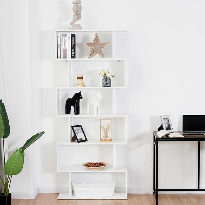 Tangkula 6-Tier Geometric Bookcase, Modern S-Shaped Storage Display Bookshelf for Living Room, Anti-Toppling Device, Home Office Wooden 6 Shelf Open Bookcase (2, White)
