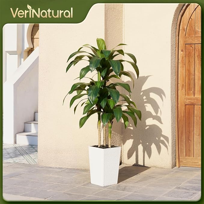 5FT Artificial Dracaena Tree - UV Resistant Faux Tropical Plant, Potted Fake Tree with Taper Planter & Pebbles - Indoor Outdoor Greenery for Home, Porch, Living Room, Bedroom Decor, VN127