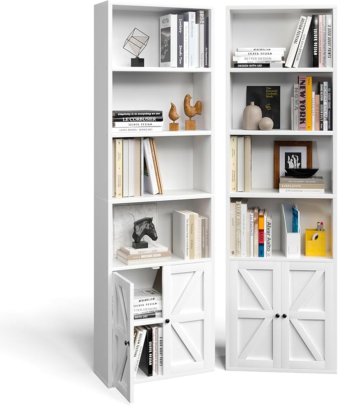 Tall Bookshelf Set of 2, 6 Tier Floor Standing Bookcase with Two Hinged Doors, Storage Organizer Display Shelves, Modern Corner Bookshelf Storage Cabinet for Living Room, Office, White
