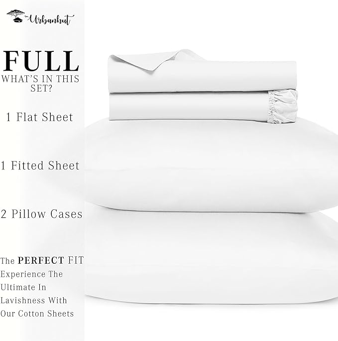 URBANHUT 700 Thread Count Egyptian Cotton Sheets Full Size, 4Pc Sheet Set Soft Luxury Bed Sheets for Full Size Bed, Sateen Weave Hotel Sheets, 16'' Elasticized Deep Pocket - White