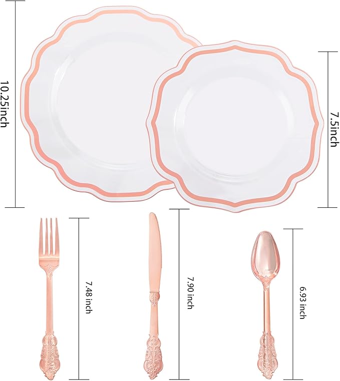 NOCCUR 150PCS Rose Gold Plastic Plates&Rose Gold Silverware-Include 30Dinner Plates, 30Salad plates, 90 Disposable Rose Gold Utensils- Ideal for Weddings, Party,Shower