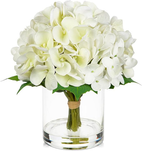 Hollyone Real Touch White Hydrangea Artificial Flowers in Vase Latex Small Faux Hydrangea Flowers Arrangements Hydrangeas Fake Flower with Glass Vase with Faux Water for Table Centerpiece Home Decor