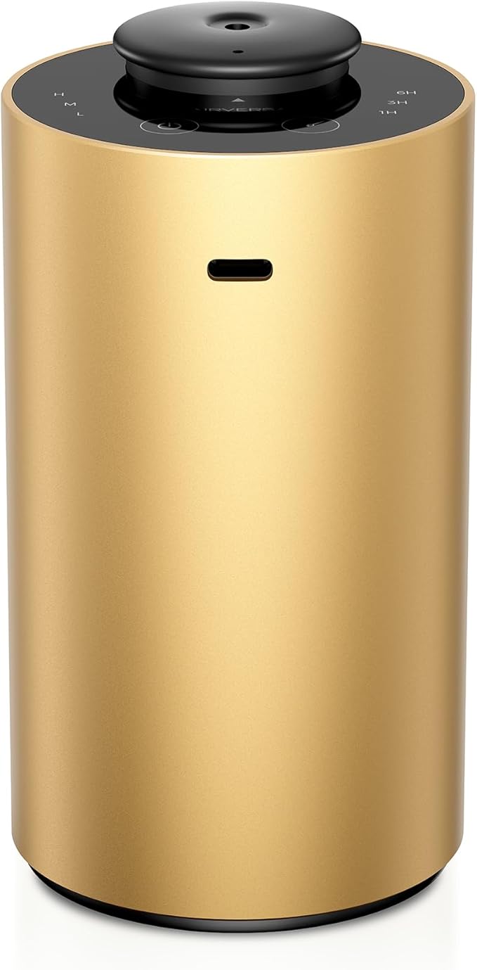 Waterless Essential Oil Diffuser for Home Aromatherapy Scent Diffusers with 3 Countdown Timer Settings or Timer-Off, 3 Mist Levels for Car Room Studio Office, ANX Premium Metal Gold